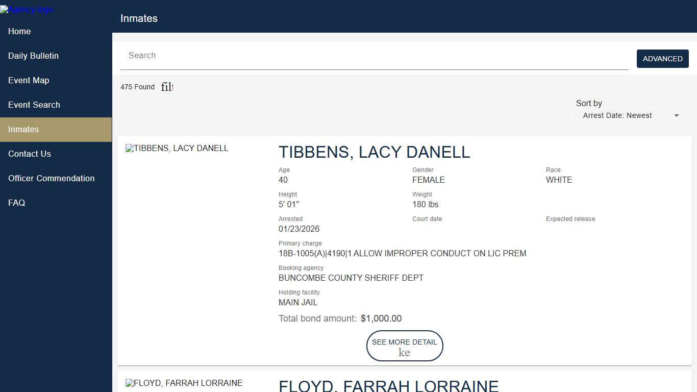 Buncombe County Sheriff's Office Police to Citizen - Inmates catalog